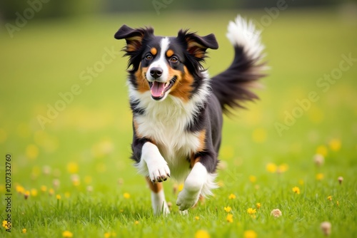 A spirited Australian shepherd runs through a field, its tail wagging happily as it chases butterflies. The bright green grass and colorful flowers make the scene lively and cheerful