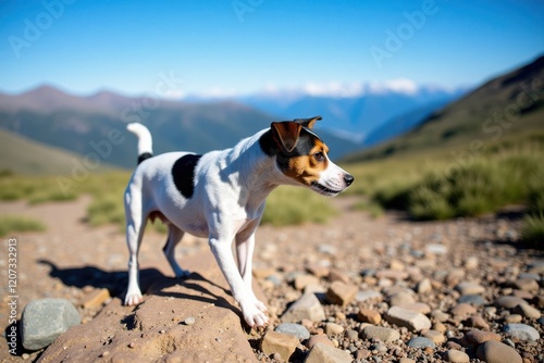 A curious Jack Russell Terrier stands on a rocky trail, its ears perked up as it sniffs the air. The surrounding mountains and clear blue sky create a stunning backdrop for this adventurous pup