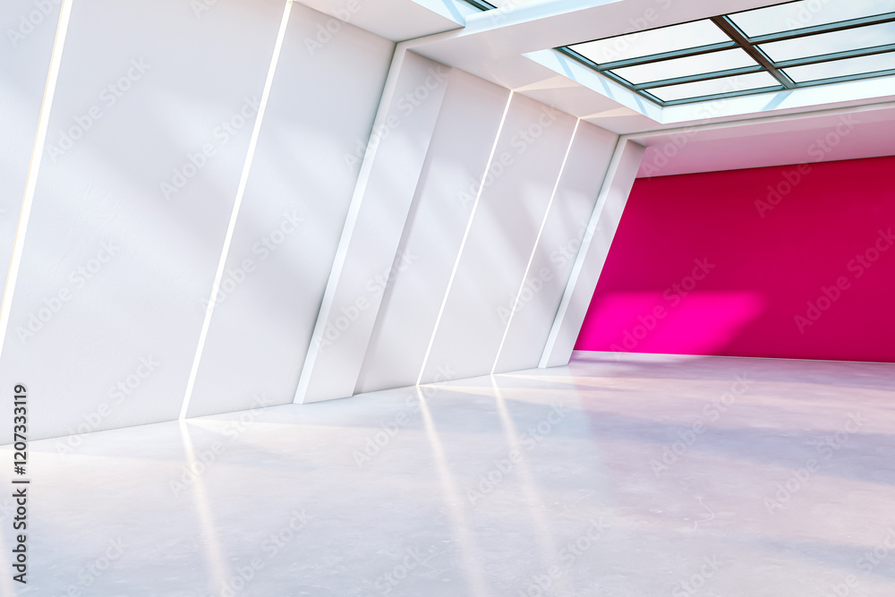 Obraz premium Modern interior space with white walls, pink accent wall, and skylight creating bright reflections on polished concrete floor. 3D Rendering