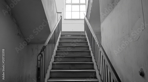 Black and white photo of an old, weathered wooden staircase ascending towards a window.