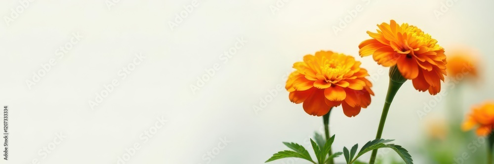 Marigold blooms on a stem against a soft white background, flowers, garden Marigold blooms on a stem against a soft white background, flowers, garden