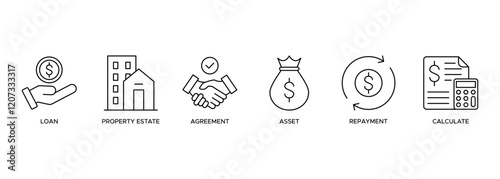 Mortgage banner web icon illustration concept with icon of loan property estate agreement asset repayment and calculate.