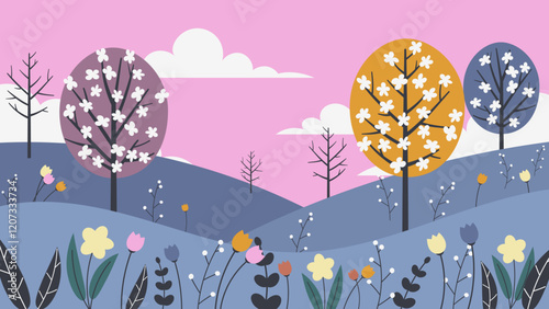 Spring landscape with beautiful flower. Vector illustration. Seasonal background