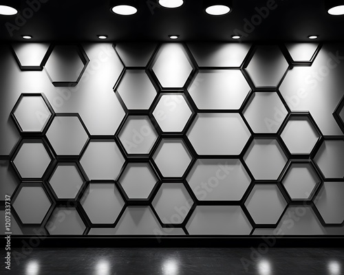 Ceiling with a hexagonal grid pattern in a monochrome palette, paired with dimmable spotlights, isolated background photo