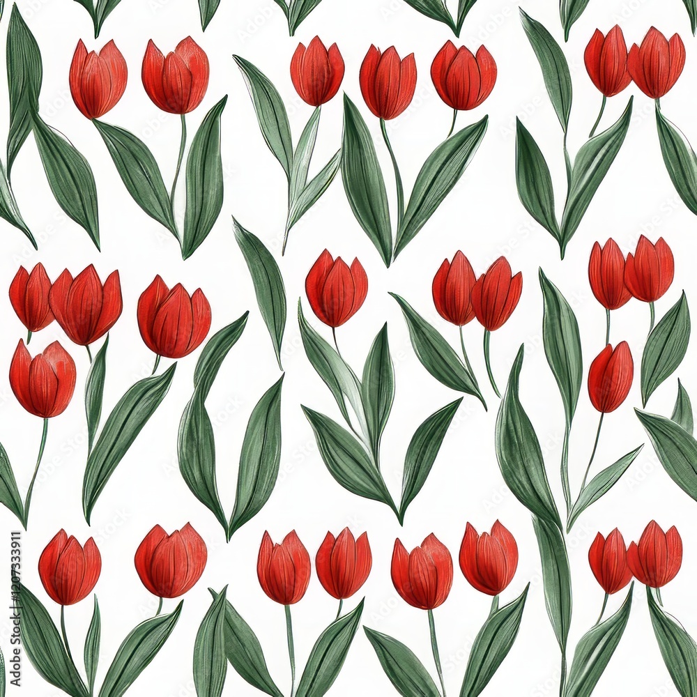 Obraz premium Red Tulips Floral Pattern White Background Design