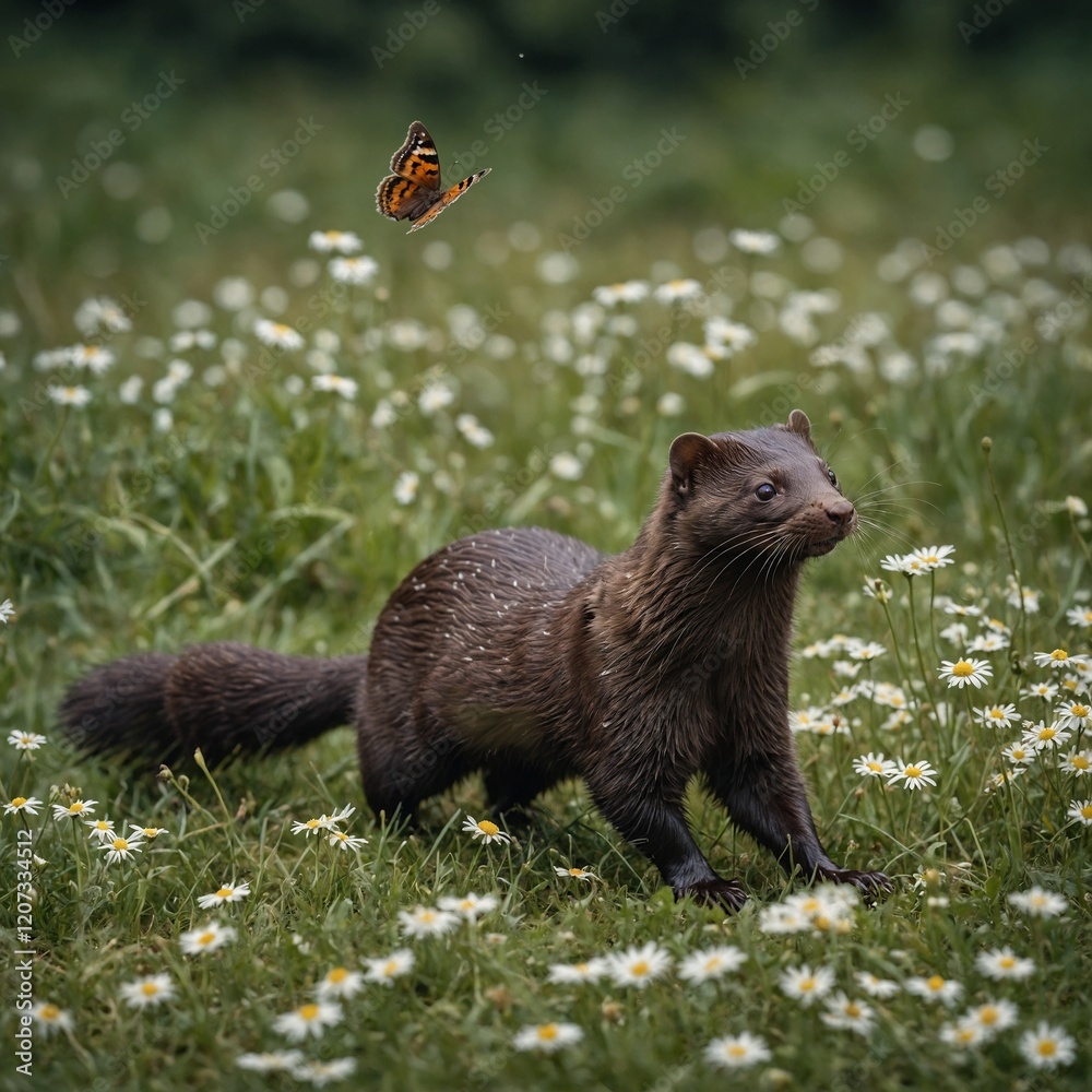 A mink playfully chasing a butterfly in a grassy field dotted with daisies. A mink playfully chasing a butterfly in a grassy field dotted with daisies.