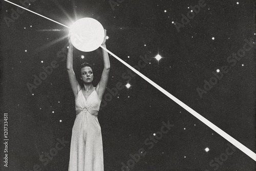 A black and white image of a woman reaching up to a bright celestial body or white beam among stars. Image contains noise and motion blur. Elements of this image furnished by NASA