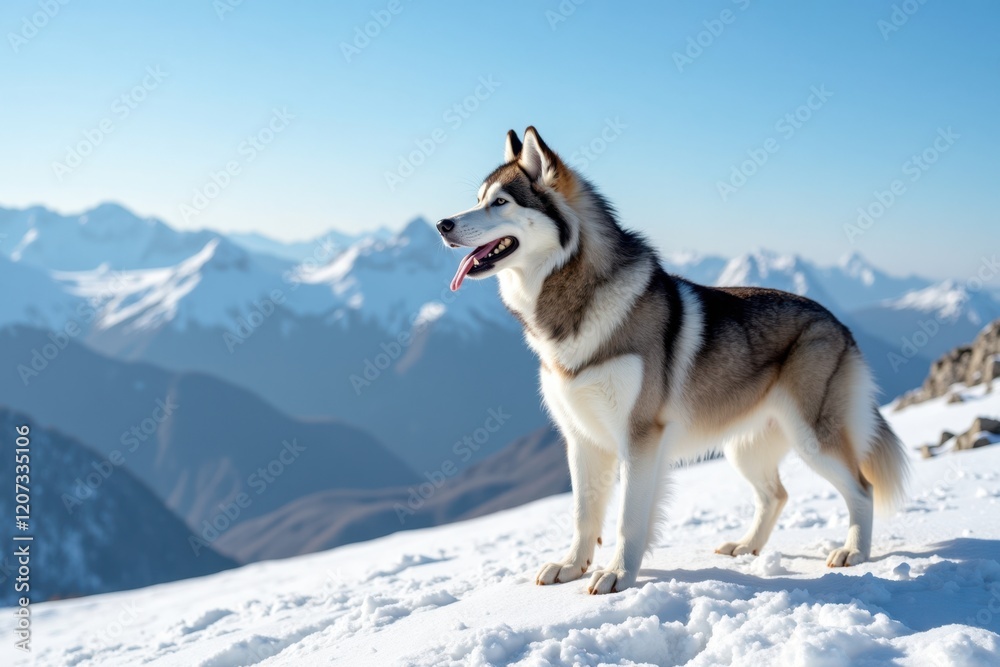 Fototapeta premium A majestic Alaskan Malamute stands on a snowy mountain peak, its thick fur shining in the sunlight. The breathtaking view of snow-capped mountains and blue sky enhances this proud moment