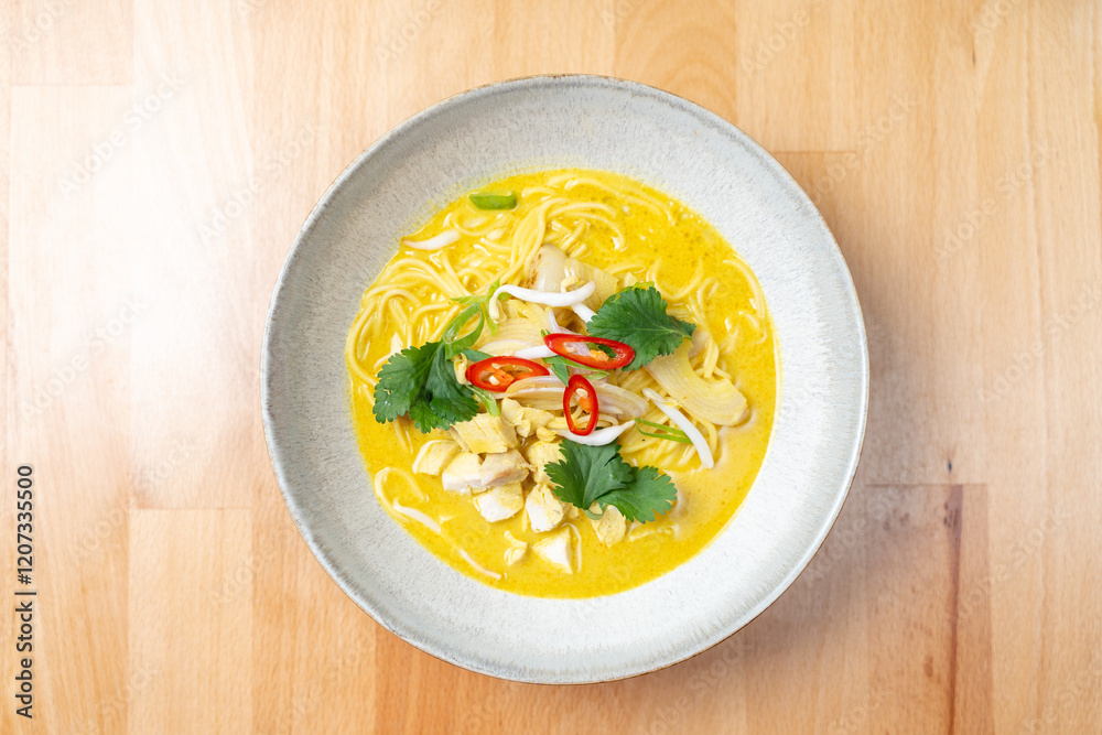 thai asian style chicken curry coconut sauce vegetable dish bistro restaurant bowl wooden table