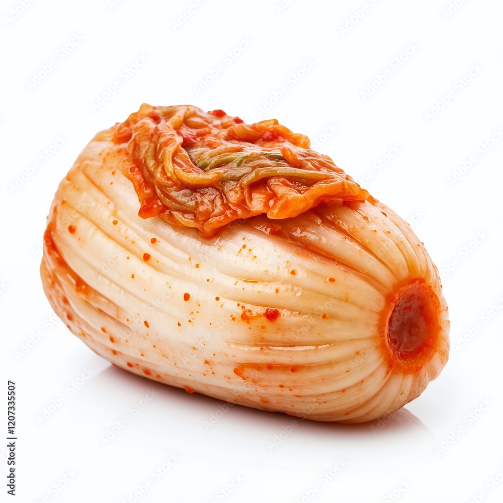 Fototapeta premium A single piece of kimchi, a Korean fermented cabbage dish, isolated on a white background.