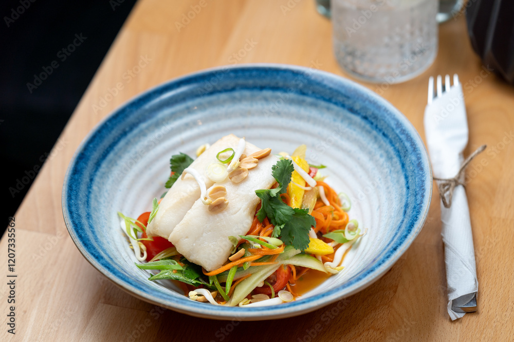 modern restaurant dish white cod fish fillet on fresh steamed vegetable light lunch bowl