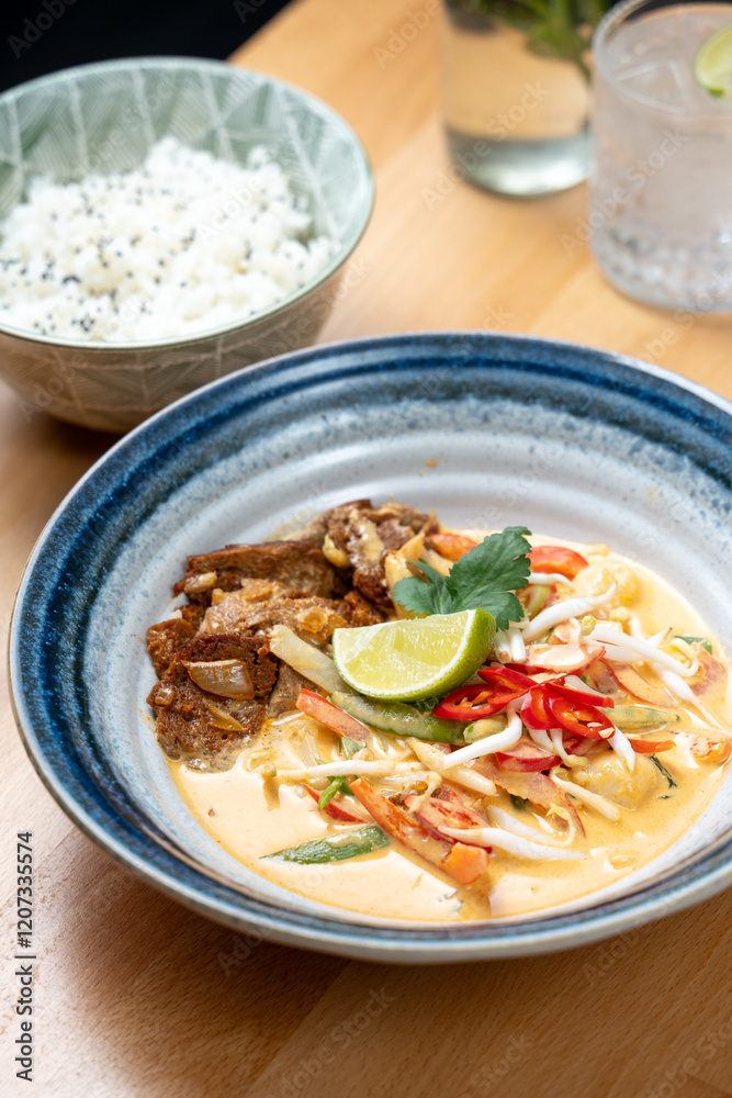 asian style lunch dish of protein tempeh chicken vegetable sauce rice side dish fresh lime garnish asian style lunch dish of protein tempeh chicken vegetable sauce rice side dish fresh lime garnish