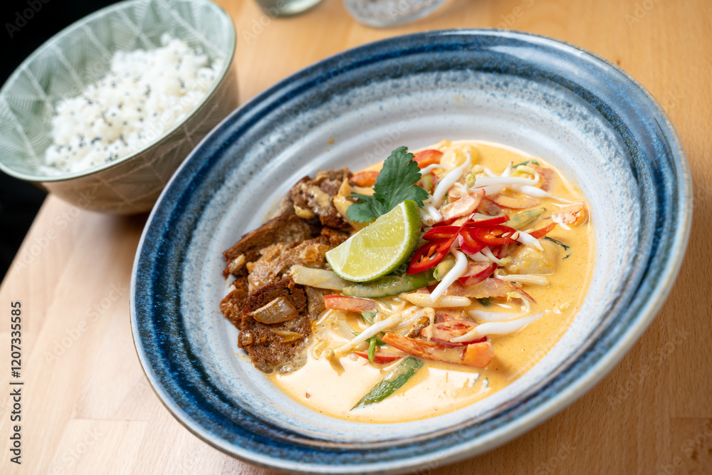 asian style lunch dish of protein tempeh chicken vegetable sauce rice side dish fresh lime garnish