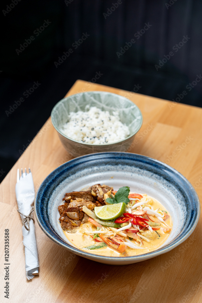 asian style lunch dish of protein tempeh chicken vegetable sauce rice side dish fresh lime garnish