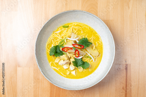 Obraz na płótnie thai asian style chicken curry coconut sauce vegetable dish bistro restaurant bowl wooden table w salonie