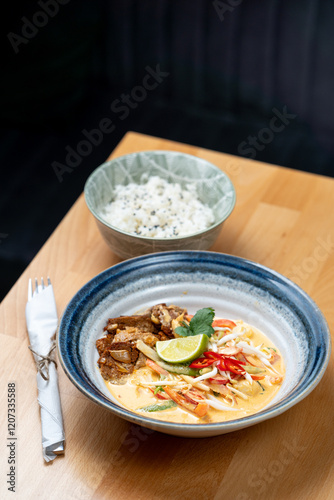 Obraz na płótnie asian style lunch dish of protein tempeh chicken vegetable sauce rice side dish fresh lime garnish w salonie