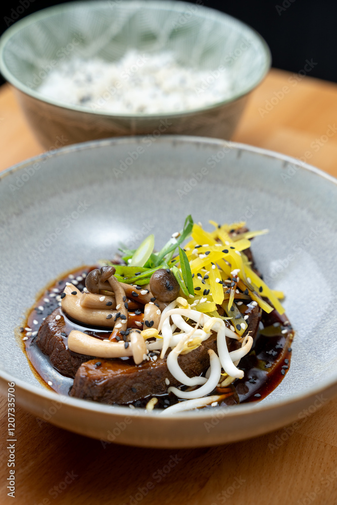 modern cooking restaurant beef cheeks fillet stew mushroom shitake chilli garnish brown sauce bowl wooden table detail