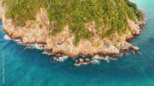 Aerial View of a Tropical Beach with Palm Trees and Crystal-Clear Turquoise Water