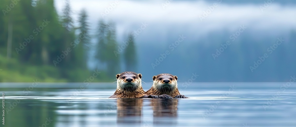 Two playful otters swim together in a serene lake, surrounded by lush greenery and misty mountains, embodying the beauty of nature. Two playful otters swim together in a serene lake, surrounded by lush greenery and misty mountains, embodying the beauty of nature.