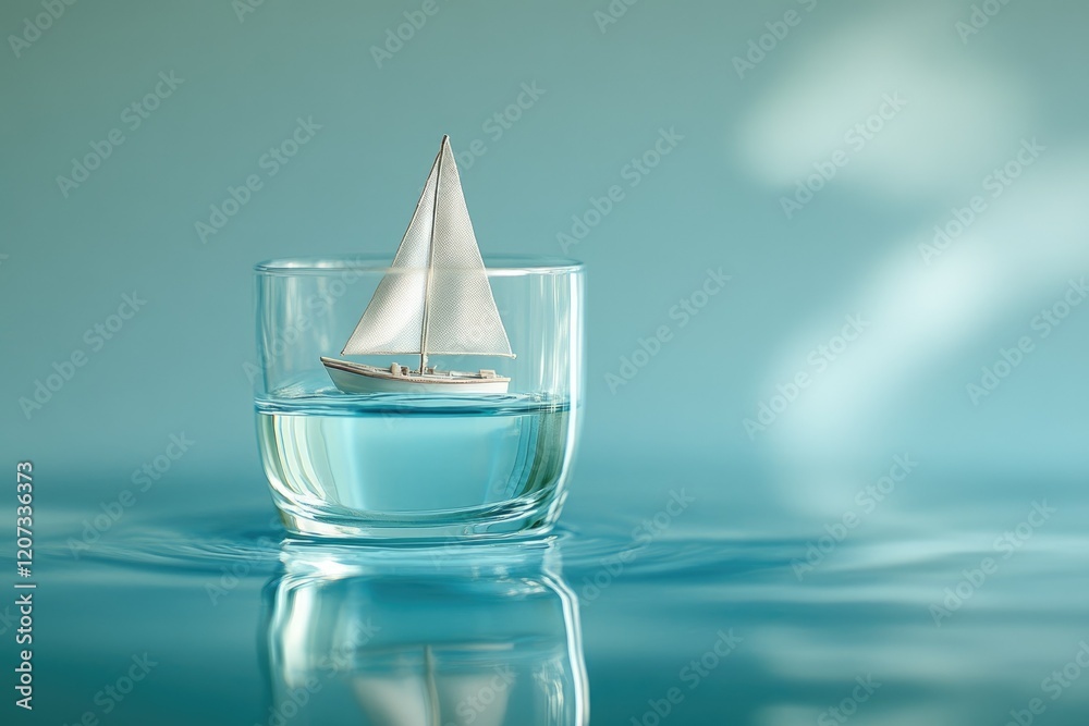 Fototapeta premium A miniature sailboat floats serenely in a glass of water, symbolizing adventure and dreams.
