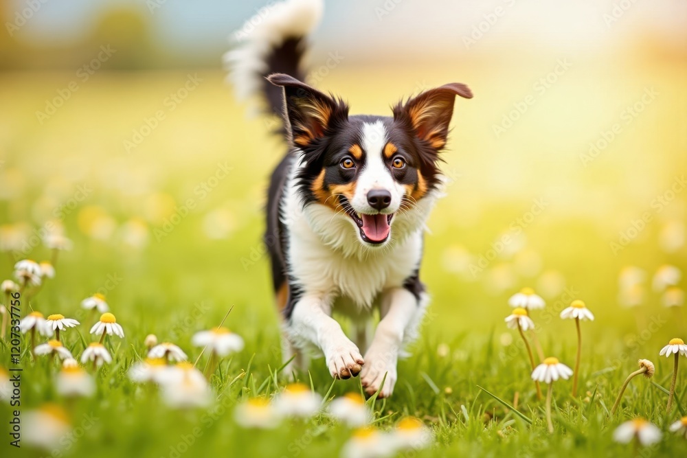 A spirited Border Collie runs joyfully through a field of daisies, its ears flapping in the wind. The bright sun illuminates the flowers, creating a beautiful and lively scene