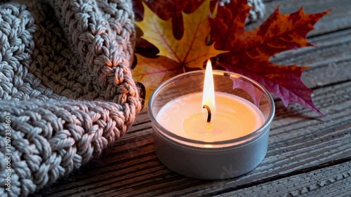 Cozy autumn scene with lit candle, knit blanket, and colorful leaves. Warmth and relaxation concept
