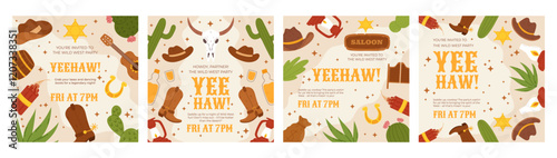 Wild West Party Invitation Design with Western Icons, Cowboy Hats, Cacti, Boots, and Saloon Elements, Perfect for Social Media Post, and Themed Celebrations