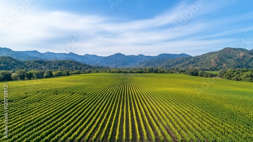 Wallpaper Mural Expansive Vineyard Landscape with Rows of Green Grapes Under Clear Blue Sky and Rolling Hills in the Background, Captured from Above Torontodigital.ca