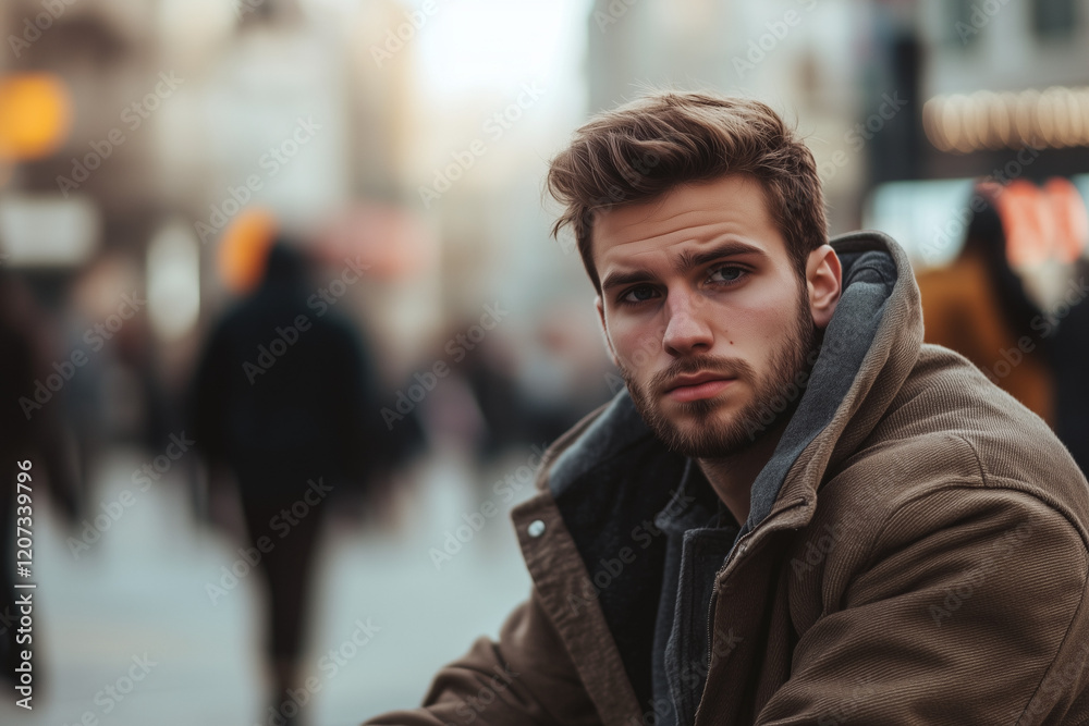 man sit in busy city man sit in busy city