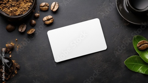 Coffee Shop Gift Card Mockup: A blank white gift card rests on a dark rustic surface, surrounded by coffee beans, ground coffee, and coffee leaves.