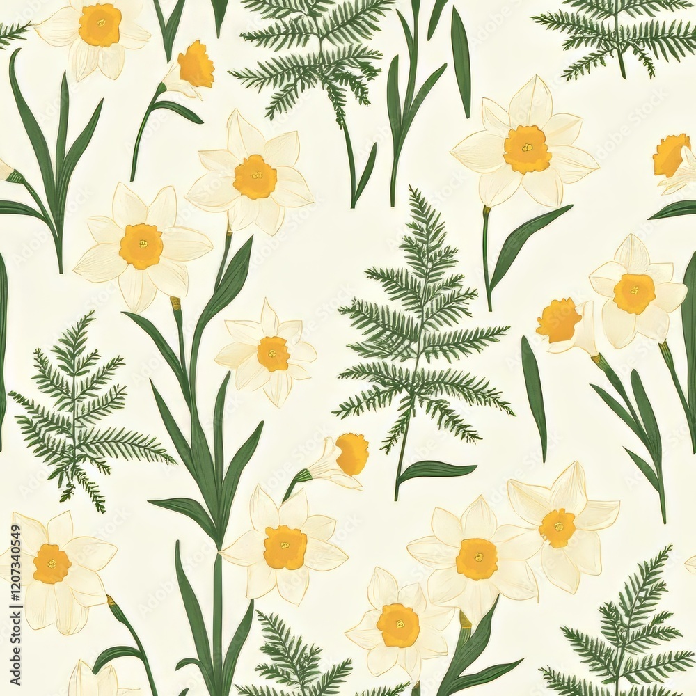 Daffodils and Ferns Botanical Print Design Daffodils and Ferns Botanical Print Design