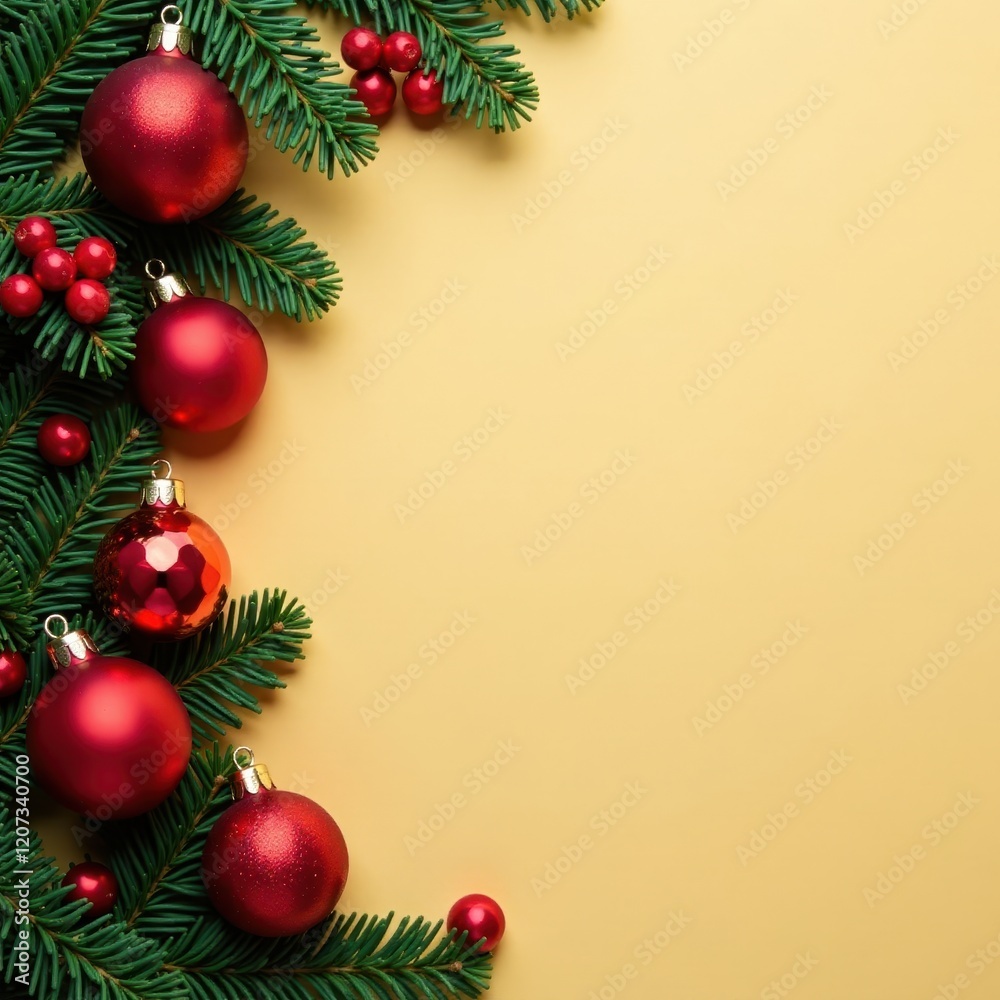 Tan background with red Christmas berry ornaments, festive, evergreen Tan background with red Christmas berry ornaments, festive, evergreen
