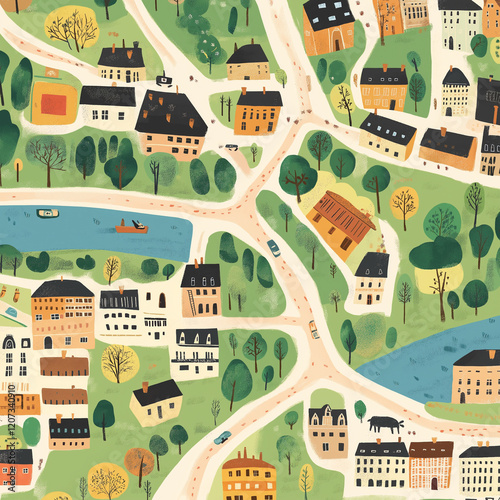 Kids Town Map Illustration in Retro Style