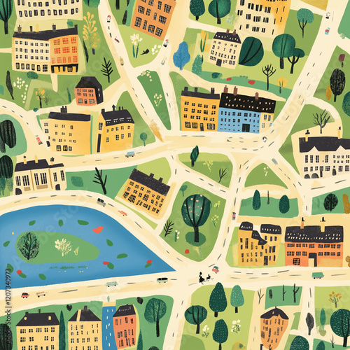 Kids Town Map Illustration in Retro Style