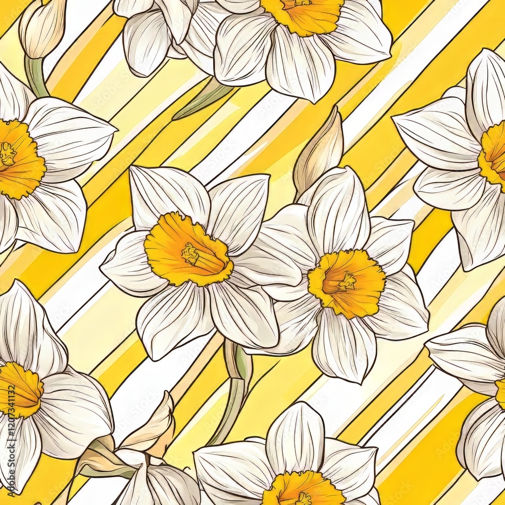 Daffodils bloom against yellow striped background Daffodils bloom against yellow striped background