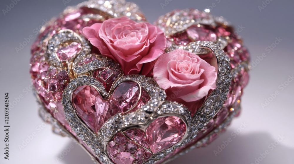 Fototapeta premium Heart-shaped Ornament Adorned with Pink Roses and Diamonds