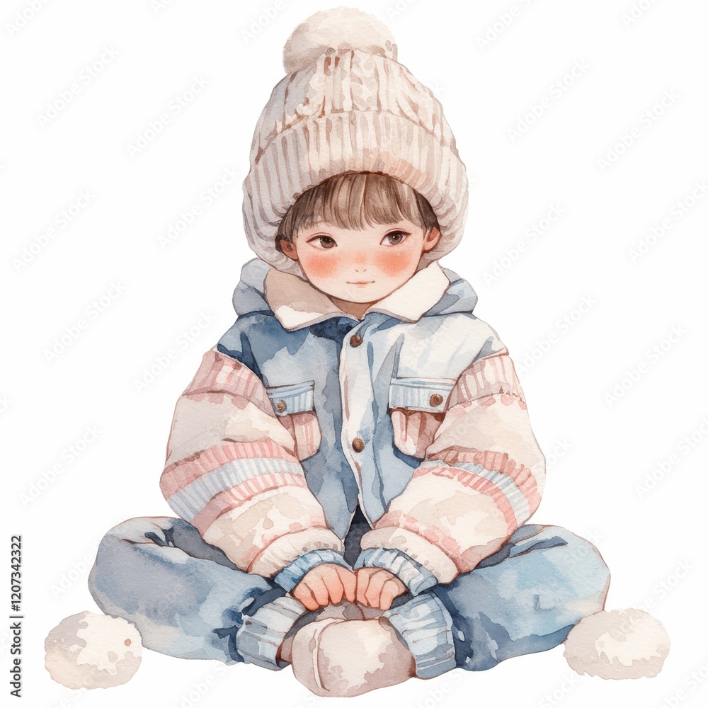 Adorable Toddler in Knit Hat and Denim Jacket Sitting Outdoors in Winter