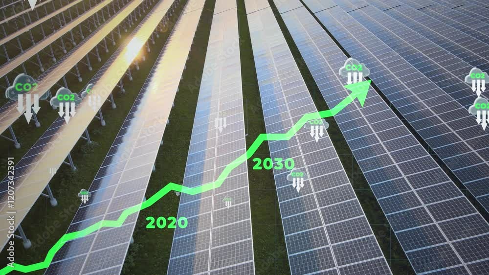 Aerial view of solar panels at sunset with a timeline of Paris Agreement goals, highlighting net zero by 2050 and CO2 reduction