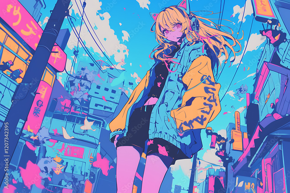 Vibrant urban scene featuring a girl with cat ears in a lively city filled with colorful signs and fluttering petals Vibrant urban scene featuring a girl with cat ears in a lively city filled with colorful signs and fluttering petals