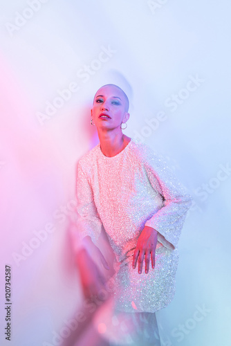 Elegant woman with shaved head in shimmering attire photo