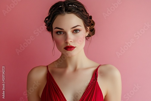 Beautiful  american woman in deep neckline red dress with creative makeup and hairstyle, fashion model portrait on pink background