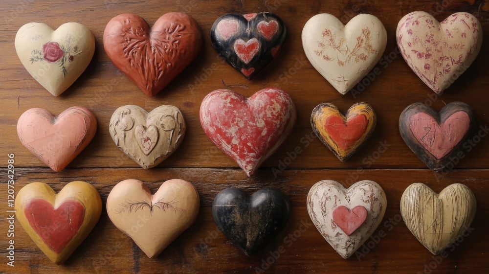 Fototapeta premium Rustic Hand-Painted Hearts on Wooden Background