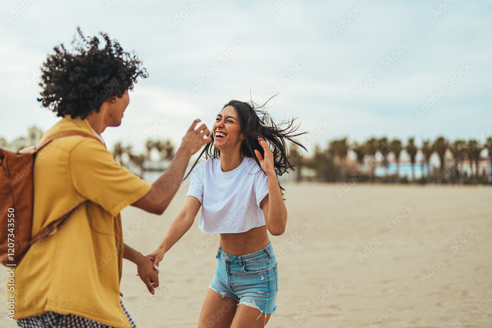 Smiling Friends Running and Bonding on a Sunny Beach Setting Smiling Friends Running and Bonding on a Sunny Beach Setting