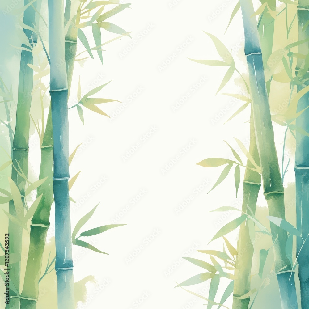 Naklejka premium Serene Watercolor Painting of Bamboo Forest Green and Blue Tones Asian Nature Background