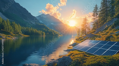 Solar Panel Installed on Rocky Shoreline Embracing Natural Environment and Renewable Energy Solutions