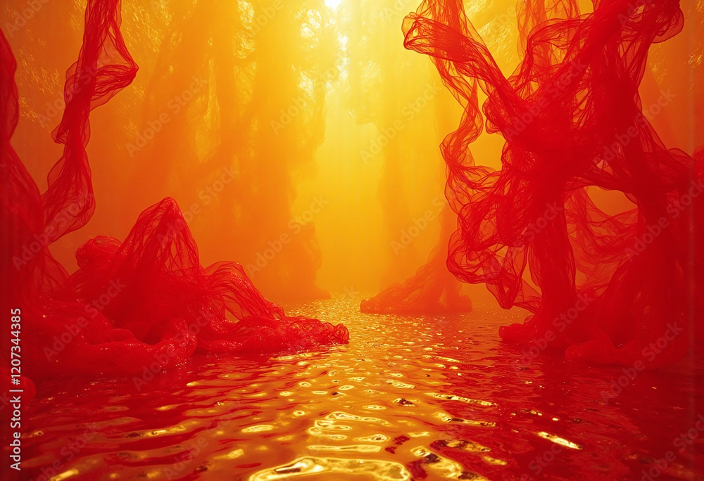 Fototapeta premium A red and orange forest with a river in the middle. The trees are made of red fabric