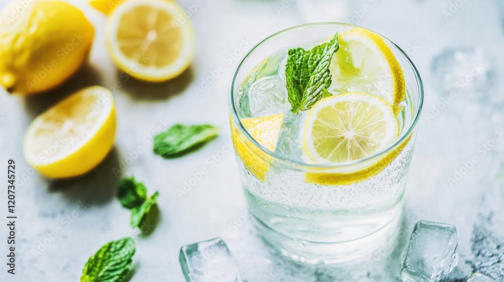 A refreshing setup for hydration, with a glass of water, lemon slices A refreshing setup for hydration, with a glass of water, lemon slices