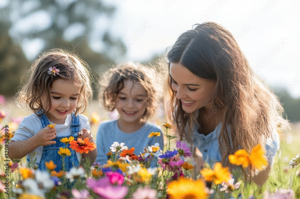 Family gathers to collect and press colorful wildflowers in a sunny field Family gathers to collect and press colorful wildflowers in a sunny field