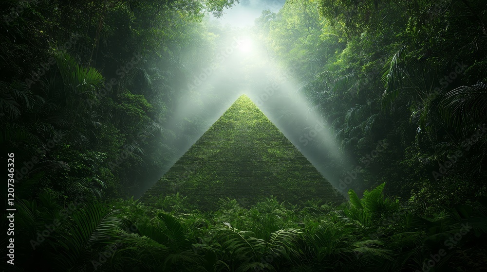 Obraz premium Mysterious Green Pyramid Surrounded by Lush Jungle, Sunlight Streaming Through Canopy, Evoking Ancient Secrets and Nature’s Grandeur in a Vibrant Setting