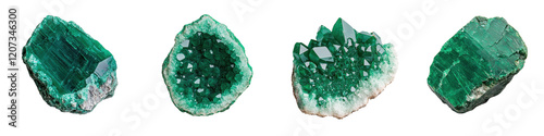 Stunning collection of raw natural emerald green crystal geodes with an incredible radiant and luminescent shine